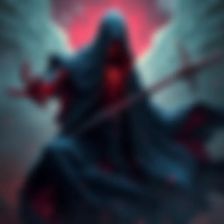 A dark figure representing Lady Death, draped in a flowing cloak, surrounded by ethereal light, symbolizing mortality and legacy.