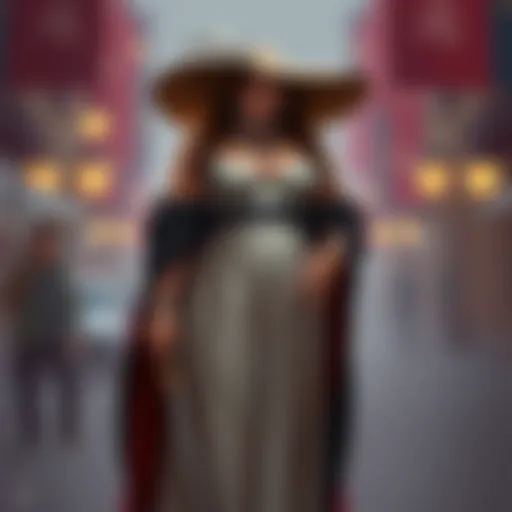 Fan art showcasing a tall, elegant character with a heavier body type, wearing a long dress and a wide-brimmed hat, inspired by Lady Dimitrescu