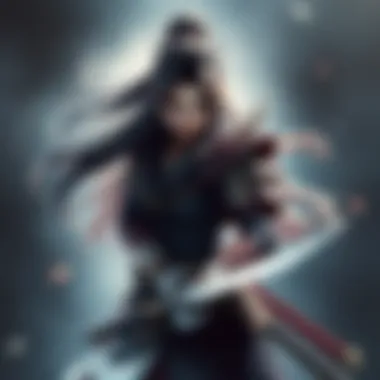 Concept art showing Lady Murasaki from Onimusha, with flowing hair and traditional armor, looking fierce and ready for battle, with a mystical background hinting at a fantasy world.