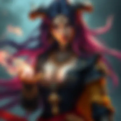 A tiefling woman in a striking outfit adorned with gold jewelry, showcasing her transformation into Lady Navari, a warlock-bard. She has long, colorful hair and magical energy swirling around her hand...