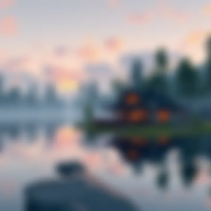 A screenshot showing the Lake House setting in a video game, with a serene lake and trees in the background