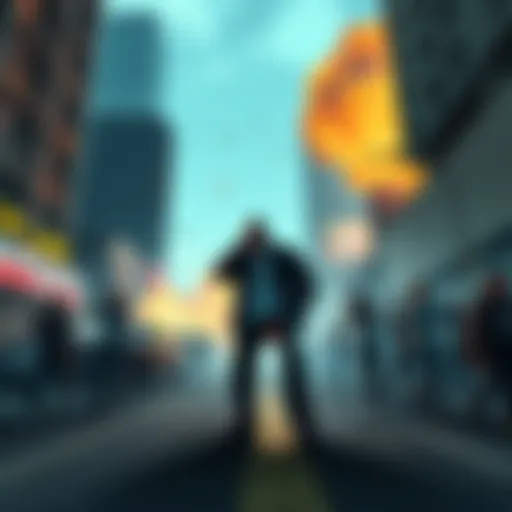 Lamar stands in the streets of Los Santos, surrounded by explosions and chaos, as people flee in panic.
