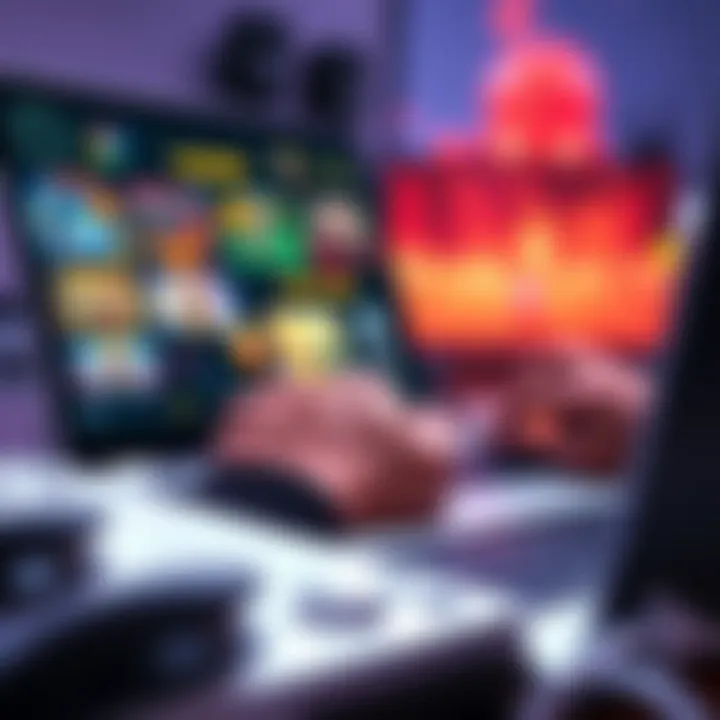 A person playing games on a laptop using a keyboard and touchpad, showcasing various game genres.