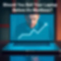 A laptop showing a downward trend in value with a graph and a worried person in the background