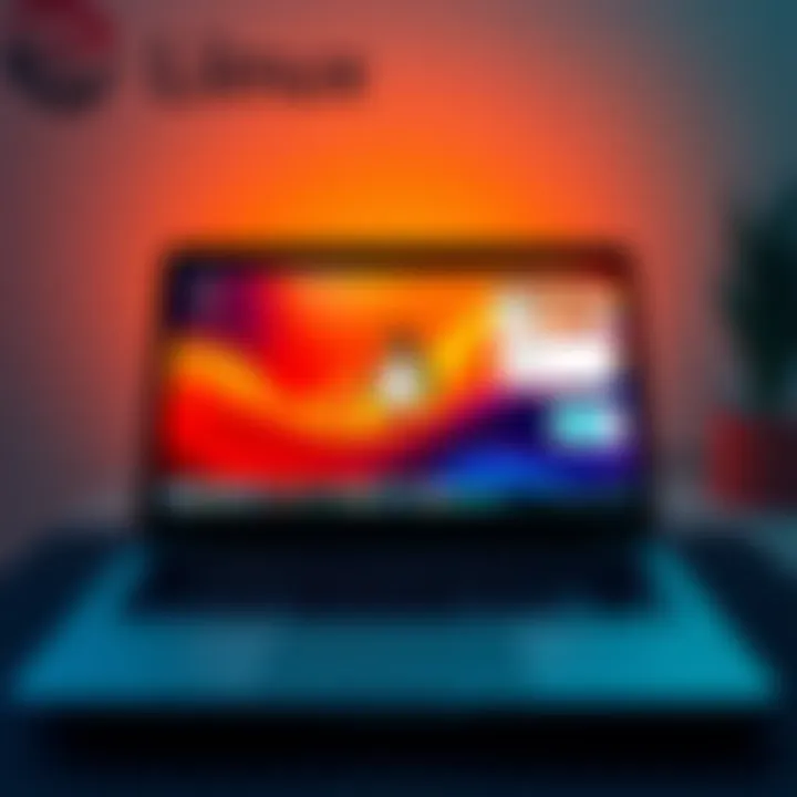 A modern laptop displaying the Linux operating system interface with various applications open