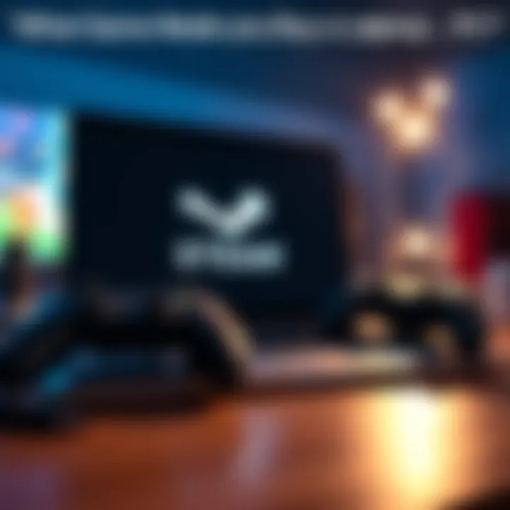 A laptop displaying the Steam logo next to a game controller, symbolizing gaming on PC.