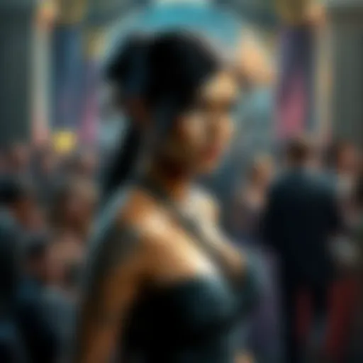 Lara Croft at a gala Lara Croft dressed elegantly at a glamorous gala, looking determined as chaos surrounds her