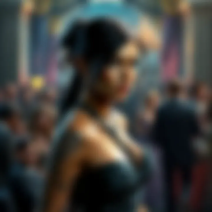 Lara Croft at a gala Lara Croft dressed elegantly at a glamorous gala, looking determined as chaos surrounds her