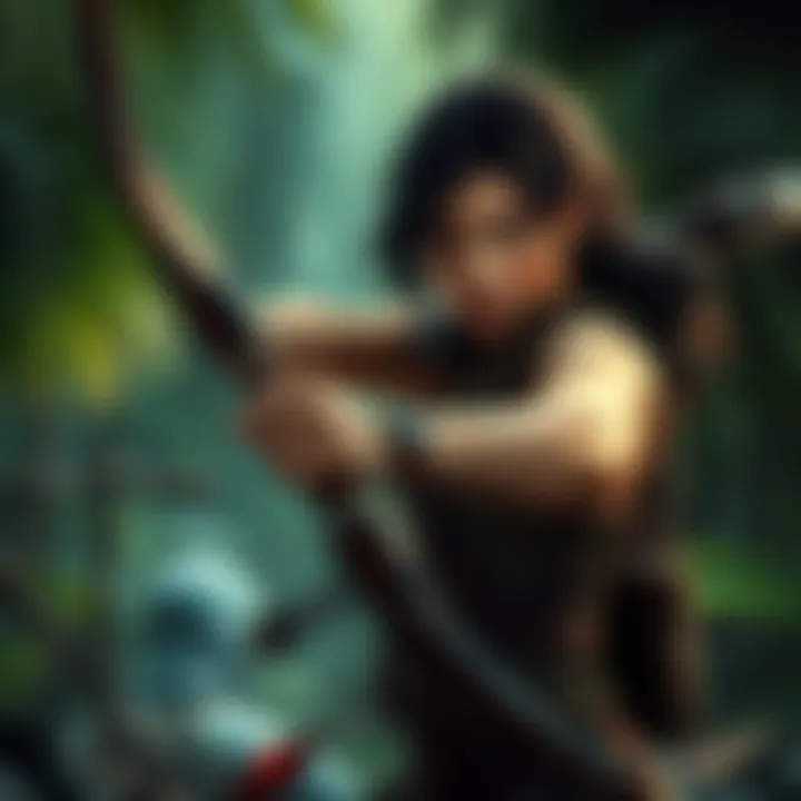 Lara Croft, an adventurous female character, explores a jungle with a bow and arrow.