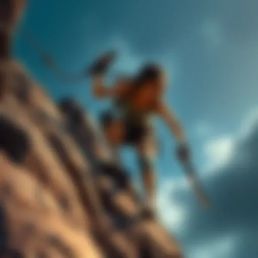 Lara Croft climbing a rocky cliff with determination, showcasing her strong character in the Survivor trilogy.