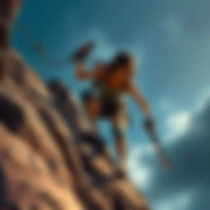 Lara Croft climbing a rocky cliff with determination, showcasing her strong character in the Survivor trilogy.
