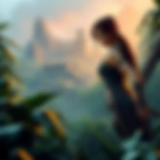 Lara Croft exploring a dense jungle with ancient ruins in the background