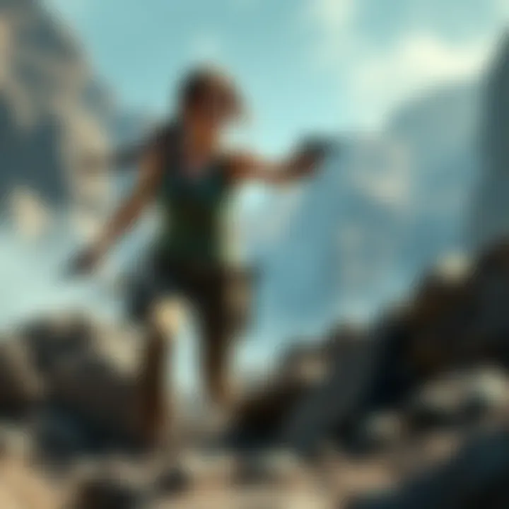 Lara Croft in Action Lara Croft, the iconic video game character, is depicted exploring a rugged environment with weapons in hand, showcasing her adventurous spirit and strength.