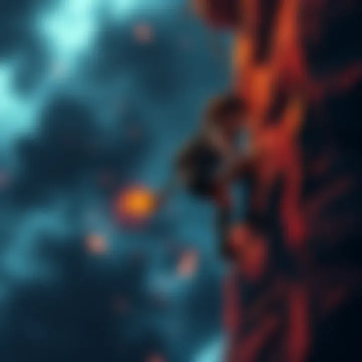 Lara Croft scaling a cliff in an adventure scene similar to Tomb Raider games