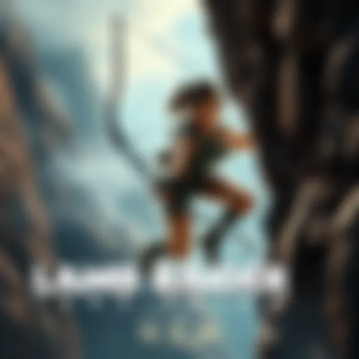 Lara Croft climbing a rugged cliff with a bow in hand, focused and determined.
