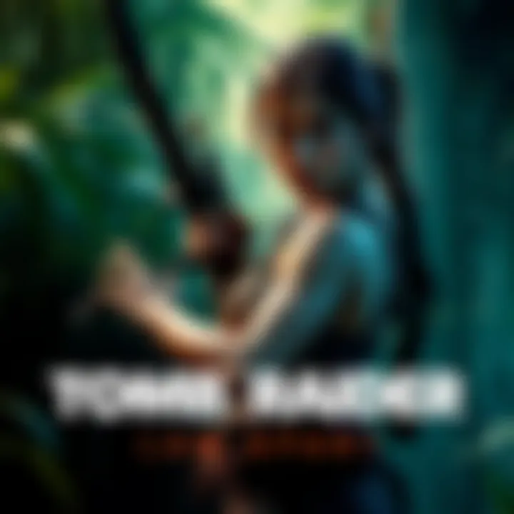Lara Croft, a strong explorer with a bow and arrows, stands ready for adventure in a jungle setting.