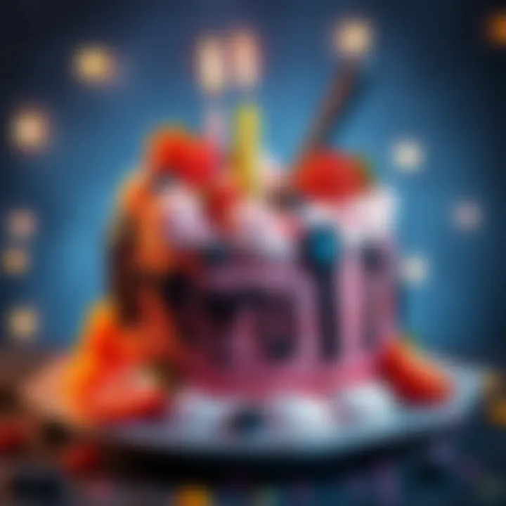 A colorful mango strawberry cake decorated with gaming-themed elements for Lara Croft's birthday celebration.