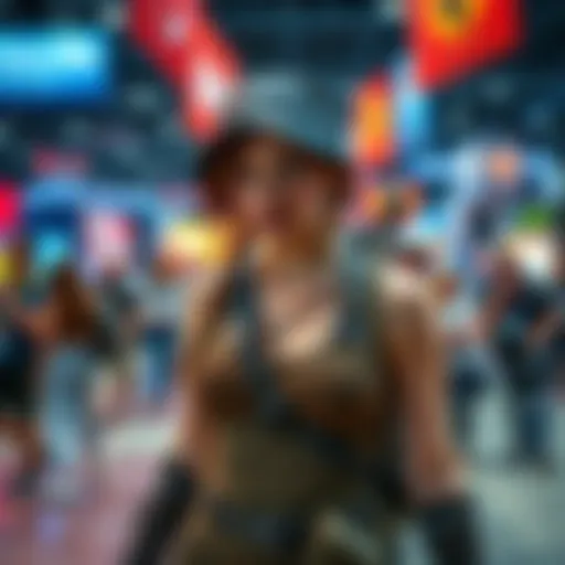 A fan dressed as Lara Croft showcasing her cosplay at Gamescom, surrounded by excited onlookers and game-themed decorations.