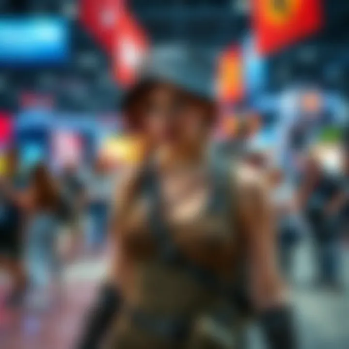 A fan dressed as Lara Croft showcasing her cosplay at Gamescom, surrounded by excited onlookers and game-themed decorations.