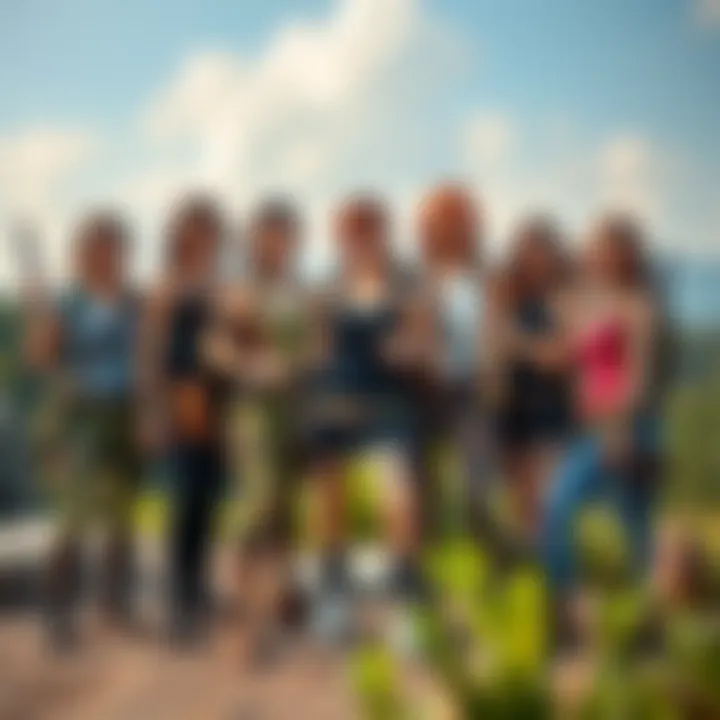 A group of friends in Lara Croft costumes posing for a photo, showing off their creative outfits in a scenic outdoor setting.