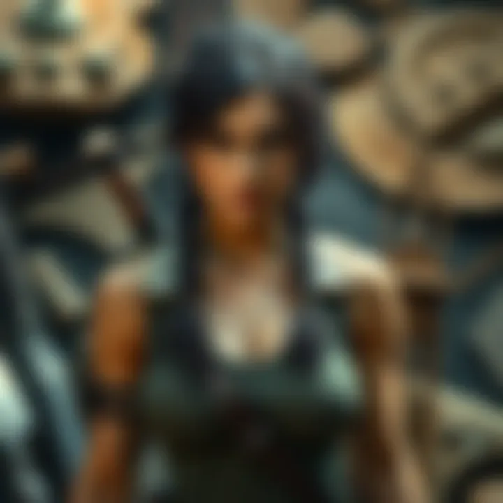A person dressed as Lara Croft in a detailed costume, showcasing accessories and background elements reminiscent of adventure settings.