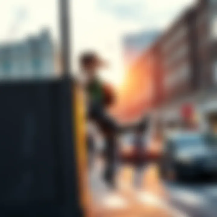 Lara Croft climbs a wall and dodges traffic in a humorous attempt to cross the street at Thames Wharf.