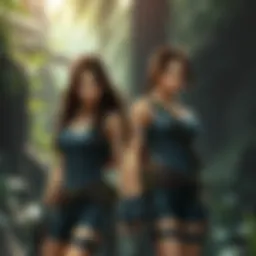 Lara Croft stands alongside her doppelgänger in a lush jungle setting, both in adventurous outfits with focused expressions.