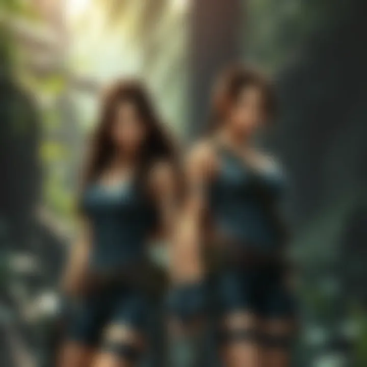 Lara Croft stands alongside her doppelgänger in a lush jungle setting, both in adventurous outfits with focused expressions.