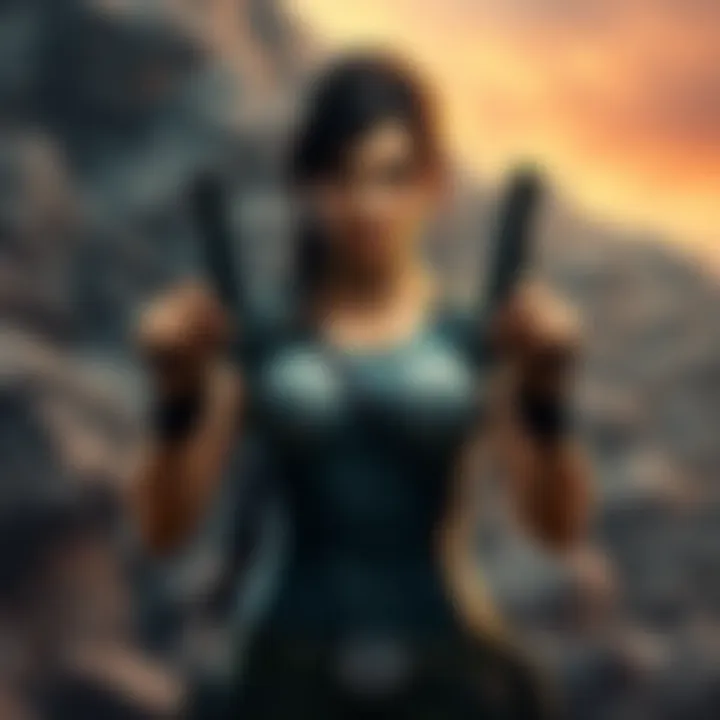 Lara Croft, a video game character, stands ready with dual pistols in each hand, set against a rocky background, showing her signature adventurous look.