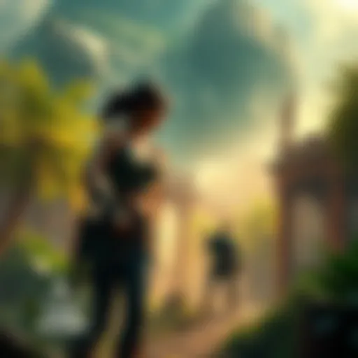 Lara Croft and Eshu in African City Lara Croft and Eshu exploring a lost African city with ancient ruins and lush vegetation