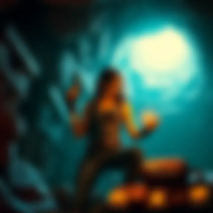 Lara Croft inside an ancient tomb, holding a treasure while looking at artifacts around her