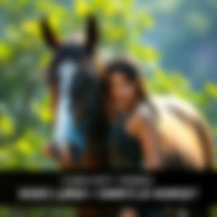 A digital artwork showing Lara Croft standing next to a horse, set in a lush green background