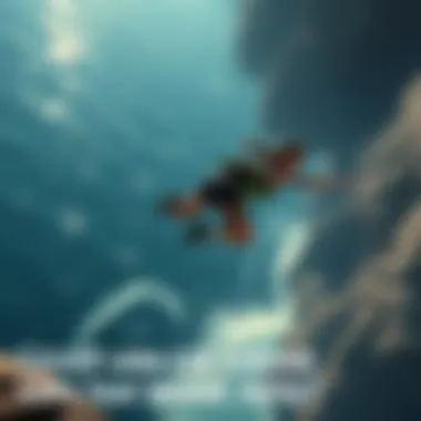 Lara Croft leaping from a height toward water, showcasing her athleticism and risk in mid-air