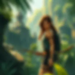 Lara Croft Sketch in Jungle A detailed sketch of Lara Croft exploring ancient ruins in a jungle setting, surrounded by lush greenery and stone structures.