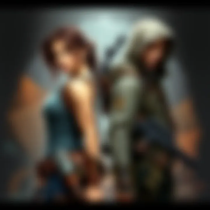 Lara Croft and Nathan Drake stand back to back, ready for action, with treasure maps and artifacts surrounding them, showcasing their adventurous spirits.