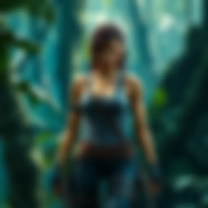 Lara Croft in new outfit standing in a jungle setting, looking determined