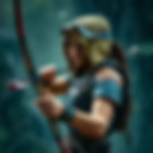 Lara Croft wearing a weather-adaptive outfit in rainy terrain while holding a bow