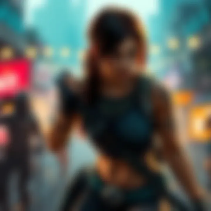 Lara Croft in action, showcasing her iconic look with gear and adventure tools, set against a gaming backdrop with excitement surrounding Summer Game Fest.