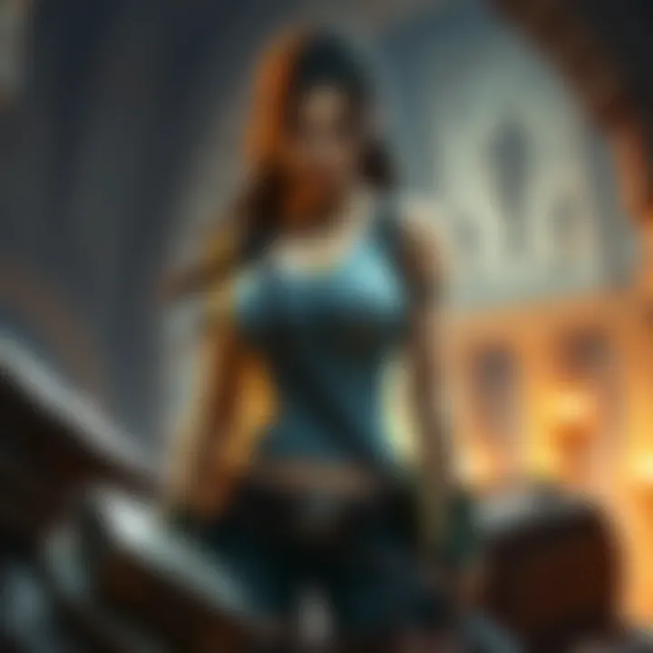 Lara Croft stands confidently among ancient tomb artifacts, showcasing her adventurous spirit in gaming.