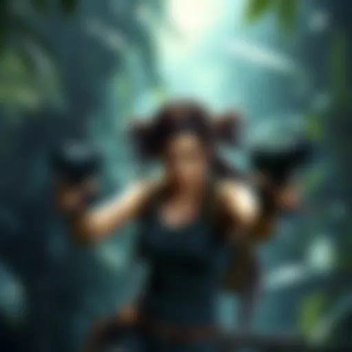 Lara Croft exploring a jungle with her iconic dual pistols ready for action