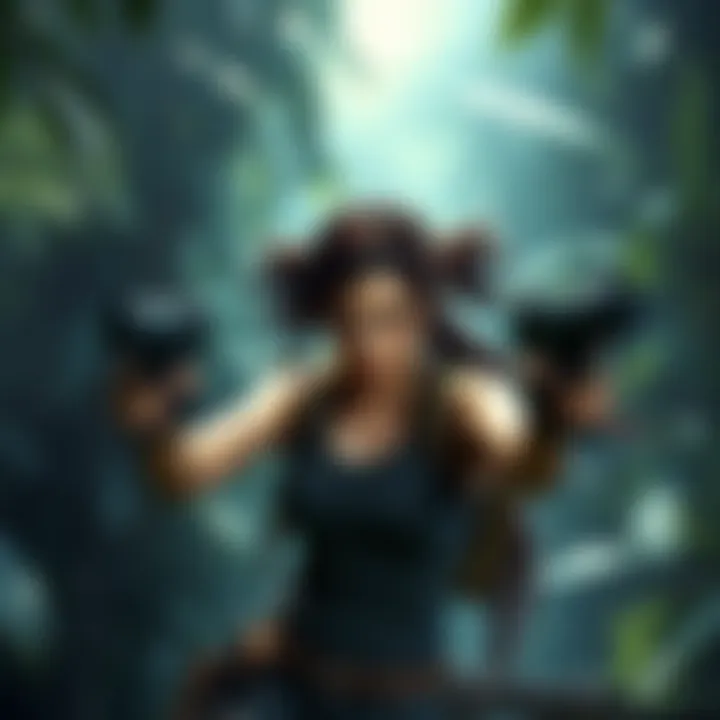 Lara Croft exploring a jungle with her iconic dual pistols ready for action
