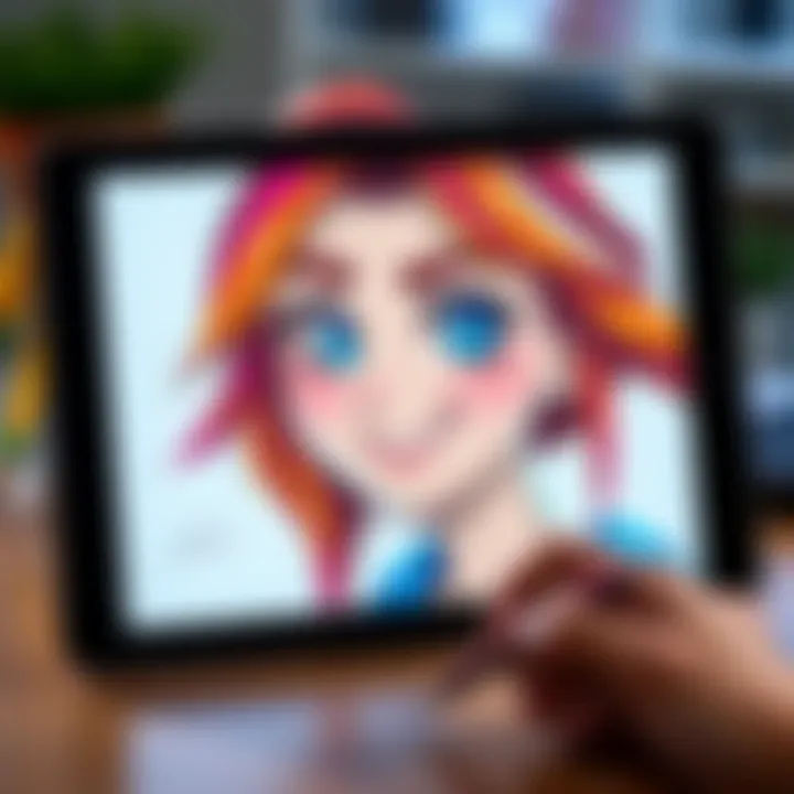 A digital drawing of a character named Lara with colorful hair and a playful expression, displayed on a tablet screen.