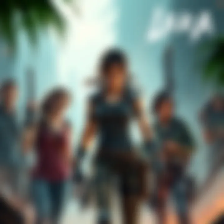 Lara Croft surrounded by her friends in a cooperative scene from the 2013 video game, showcasing their interactions and dynamics during a challenging moment.