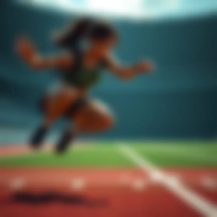 Lara wearing athletic gear is attempting a horizontal jump on a track field, showing focus and determination.