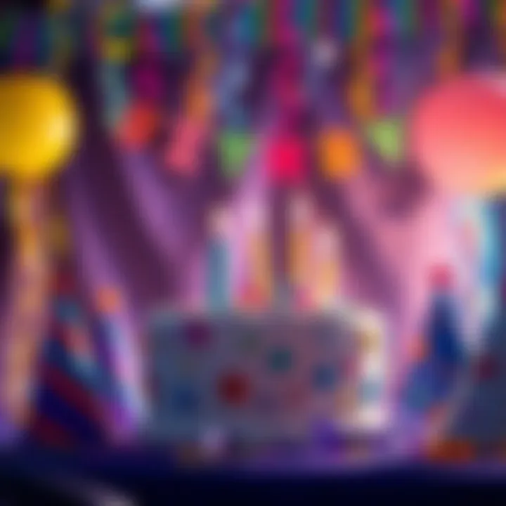 Colorful birthday decorations with a cake and party hats, symbolizing excitement for Lara's birthday livestream.