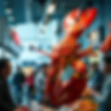 A large lobster displayed at a seafood market with people discussing around it, showing mixed emotions.