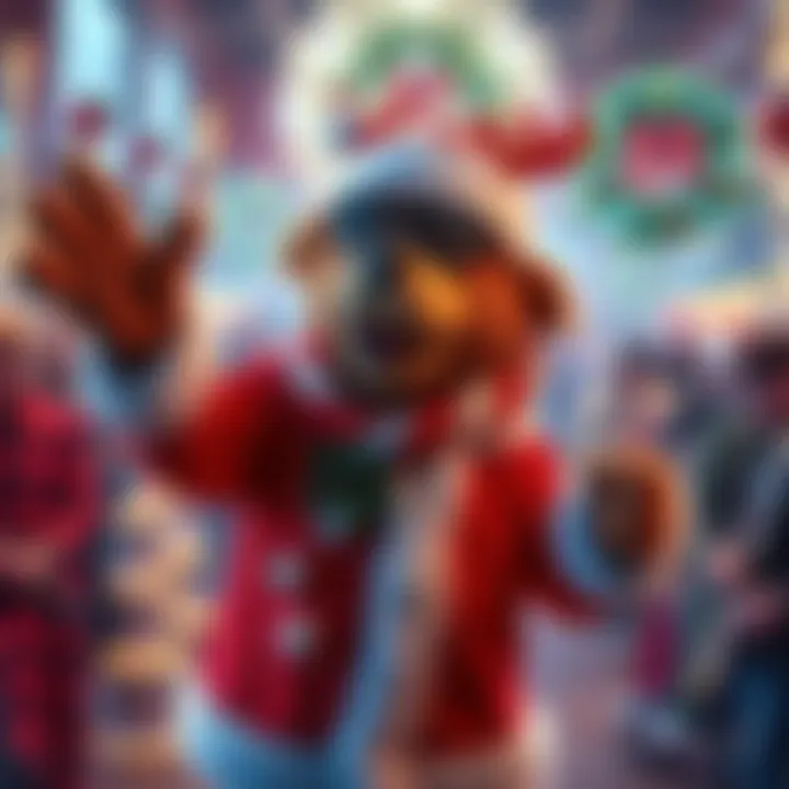 Largo's groupie dressed in festive holiday attire, spreading cheer with a big smile surrounded by Christmas decorations and lights.