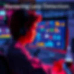 A person examining a computer screen with role-play graphics and icons, exploring different online scenarios.