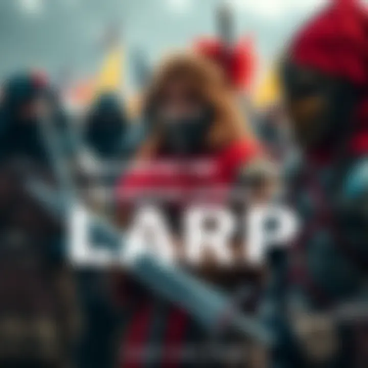 LARP participants in costume A group of people dressed in fantasy costumes engaging in a live-action role-playing event with props and swords.