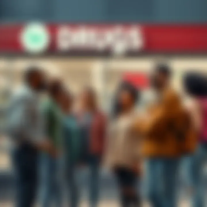 A group of diverse people talking animatedly outside a drug store, expressing their support for Larry